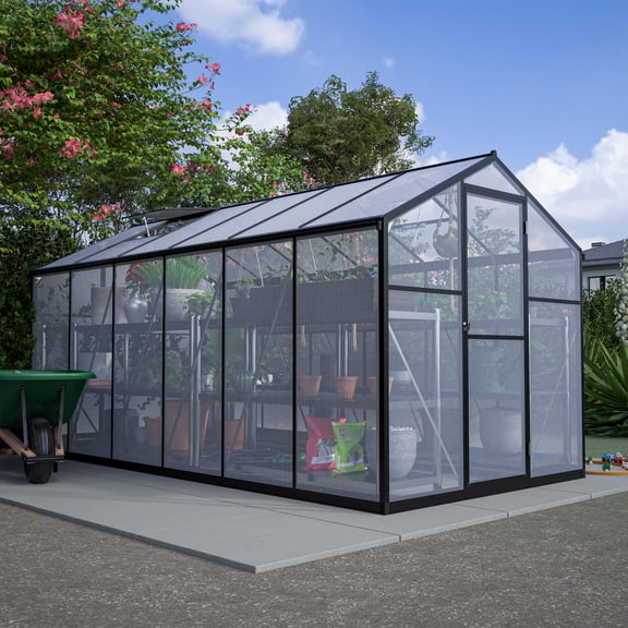 Thicked Polycarbonate Greenhouse, Pavilion Styled Greenhouse with Clear Panels Double Swing Doors, Rain Gutter and Ventilation Window, Green House for Sunroom, Garden, Backyard, Walk-in Greenhouse
