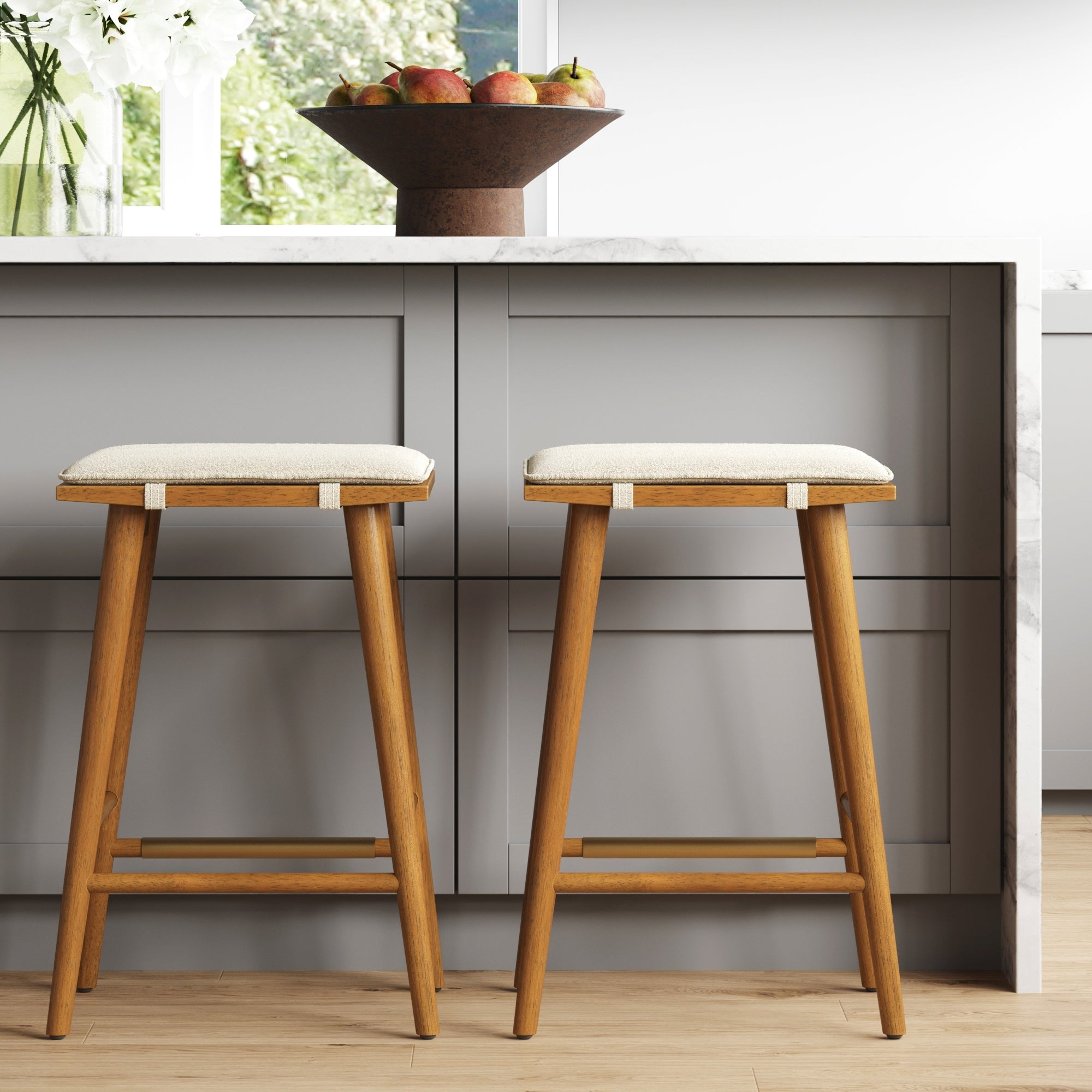 Nathan James Barker Counter Height Solid Wood Barstool with Upholstered Cushion, Backless Island Stool with Rubberwood Legs and Natural Textured Linen Upholstery for Kitchen, Brown/White, Set of 2