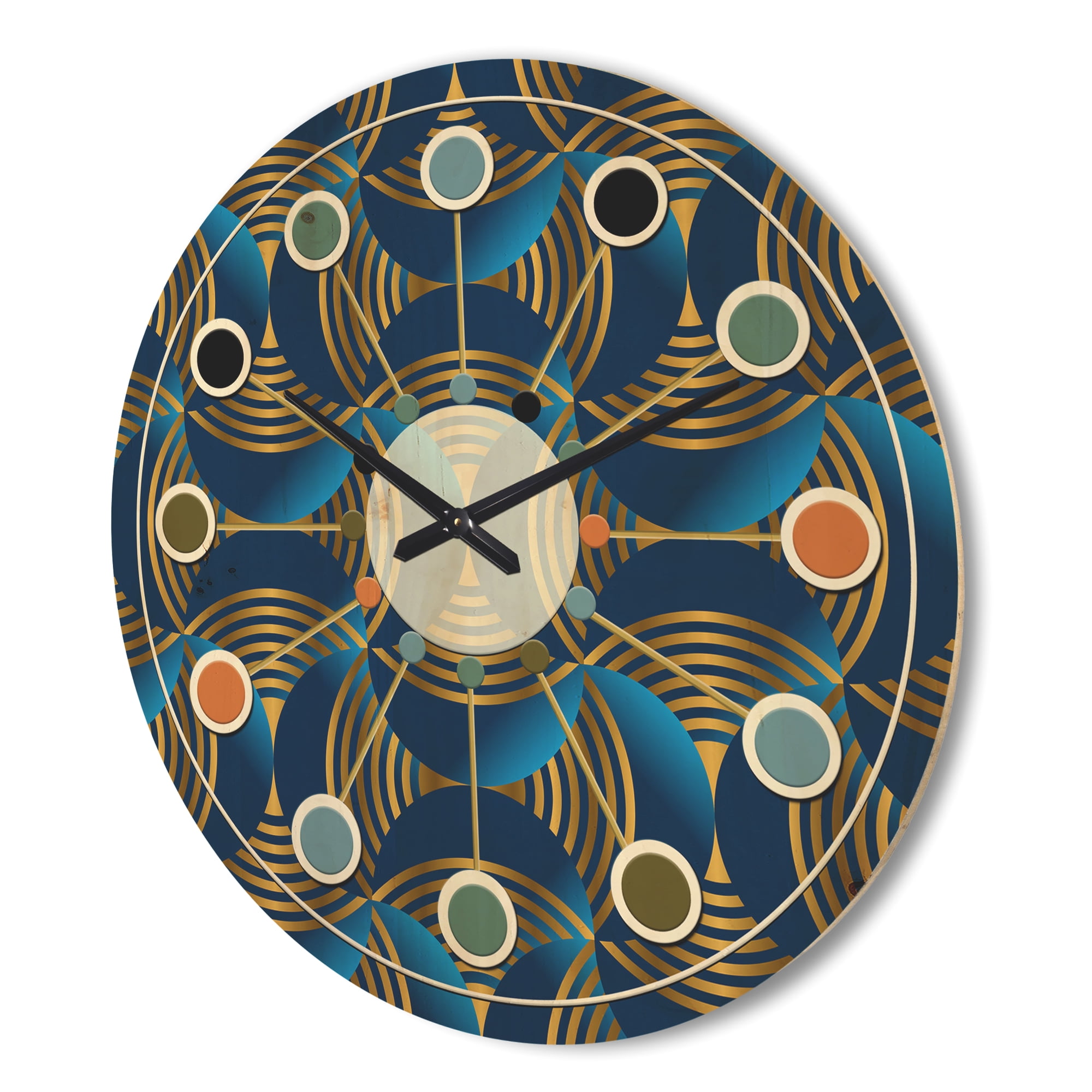 Designart 'Geometric Abstract Waves in Marine Blue and Gold' Mid-Century Modern Wood Wall Clock