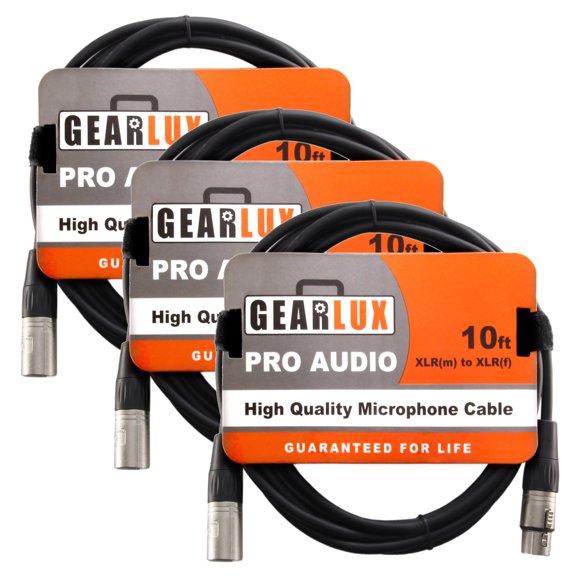 Gearlux XLR Câble Micro, Entièrement Équilibré, Mâle à Femelle, Noir, 10 Pieds - Pack de 3