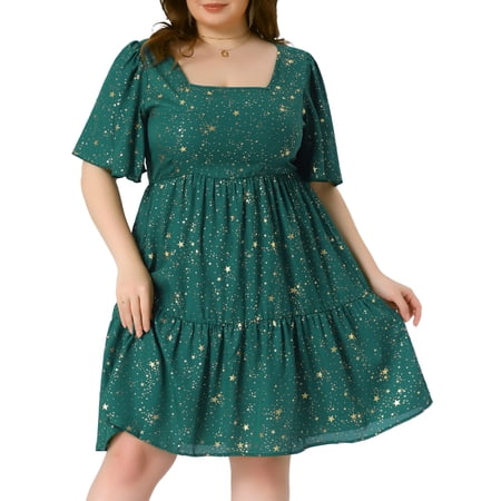 DARING DIVA Plus Size Chiffon Square Neck Short Sleeve Metallic Dress 4X Green