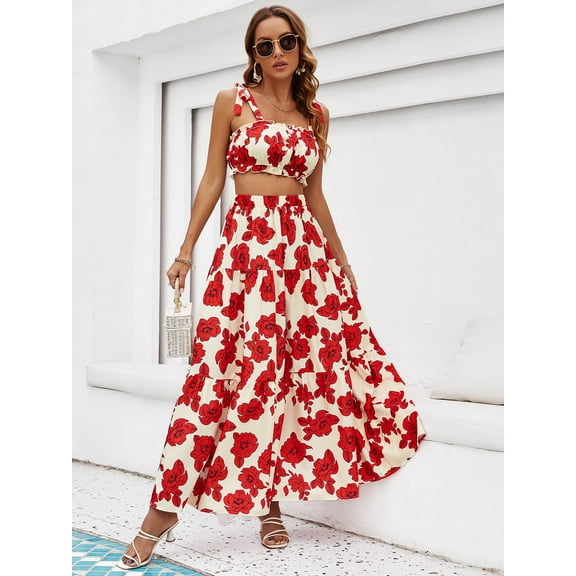 Honey Floral Tie Shoulder Top and Tiered Maxi Skirt Set