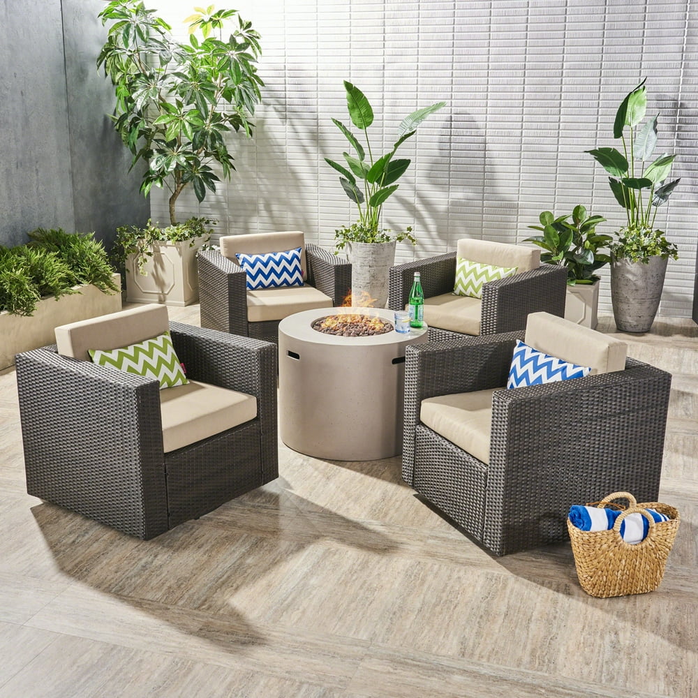 Lola Outdoor 5 Piece Swivel Wicker Club Chair Set with cushions and