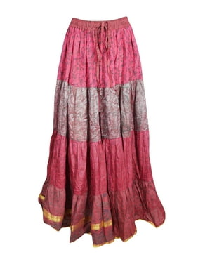 Mogul Women RED Maxi Skirt Vintage Printed Full Flared Gypsy Chic Summer Fashion Recycled Sari Beach LONG Skirts S/M