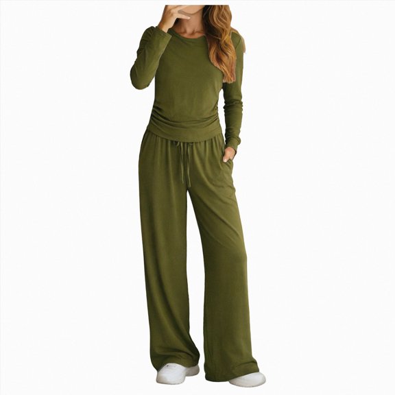 ZIXKCGDSE Women's Outfits Yoga Clothes Set Long Sleeve Wide Leg Pants Vacation Sweatsuits Size XXL
