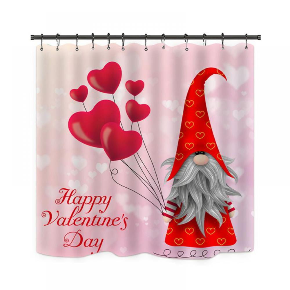 Happy Valentine's Day Gnomes Hold Red Hearts Shower Curtain Set Bathroom Decor 
