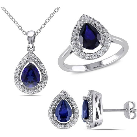 Tangelo 7-1/10 Carat T.G.W. Created Blue Sapphire and Created White Sapphire Sterling Silver Teardrop Halo Pendant, Stud Earrings and Cocktail Ring Set, 18