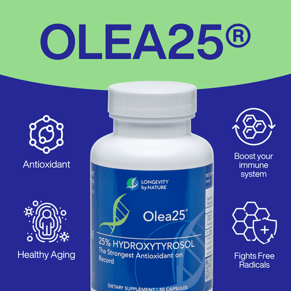 Longevity by Nature olive leaf extract capsules, Olea25 Hydroxytyrosol Organic Olive Leaf Extract, 30 Capsules