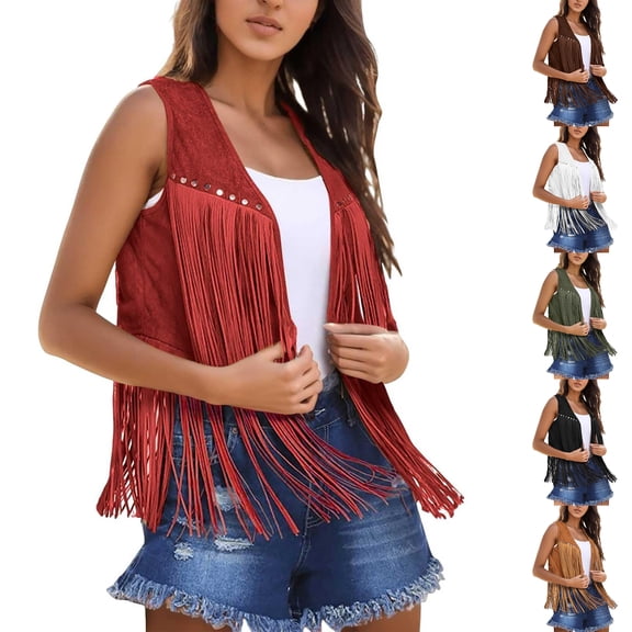 Womens Vintage Western Fringe Vest Tops Classic Suede Leather 70s Cowboy Shirt Sleeveless Tassels Cardigan Jackets Hippie Party Boho Western Jacket Womens Coats Shawl Army Green L
