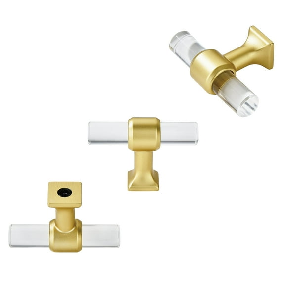 Fitviso 10 Pack Clear Acrylic Cabinet Knobs Drawer Pulls and Knobs，Modern T Bar Gold Cabinet Knobs for Dresser Drawers Cupboard Wardrobe