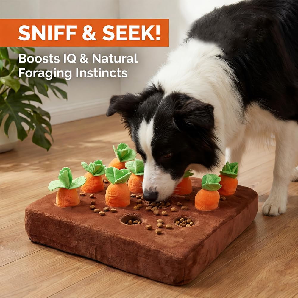 Carrot Dog Toys – Carrot Snuffle Mat for Dogs, Interactive Dog Plush Puzzle Toys 2 in 1 Fun Nosework Feed Games, Pet Stress Relief and Brain Training Foraging Skill with 12 Carrots