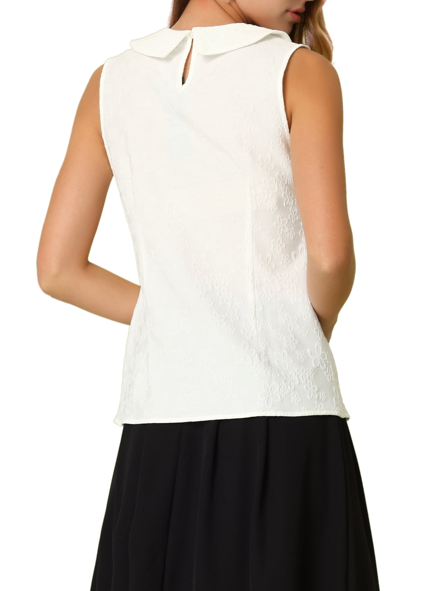 white sleeveless blouse with peter pan collar