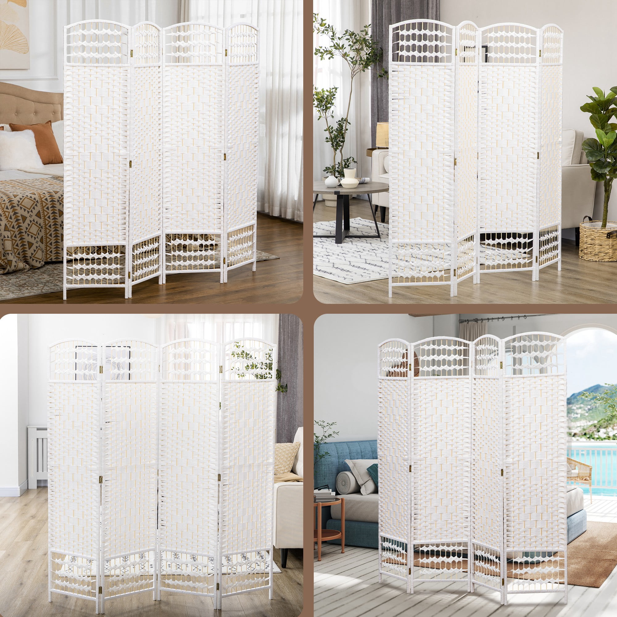 HOMCOM 4 Panel Room Divider Folding Privacy Screen, 5.6' Room Separator, Wave Fiber Freestanding Partition Wall Divider for Rooms, White