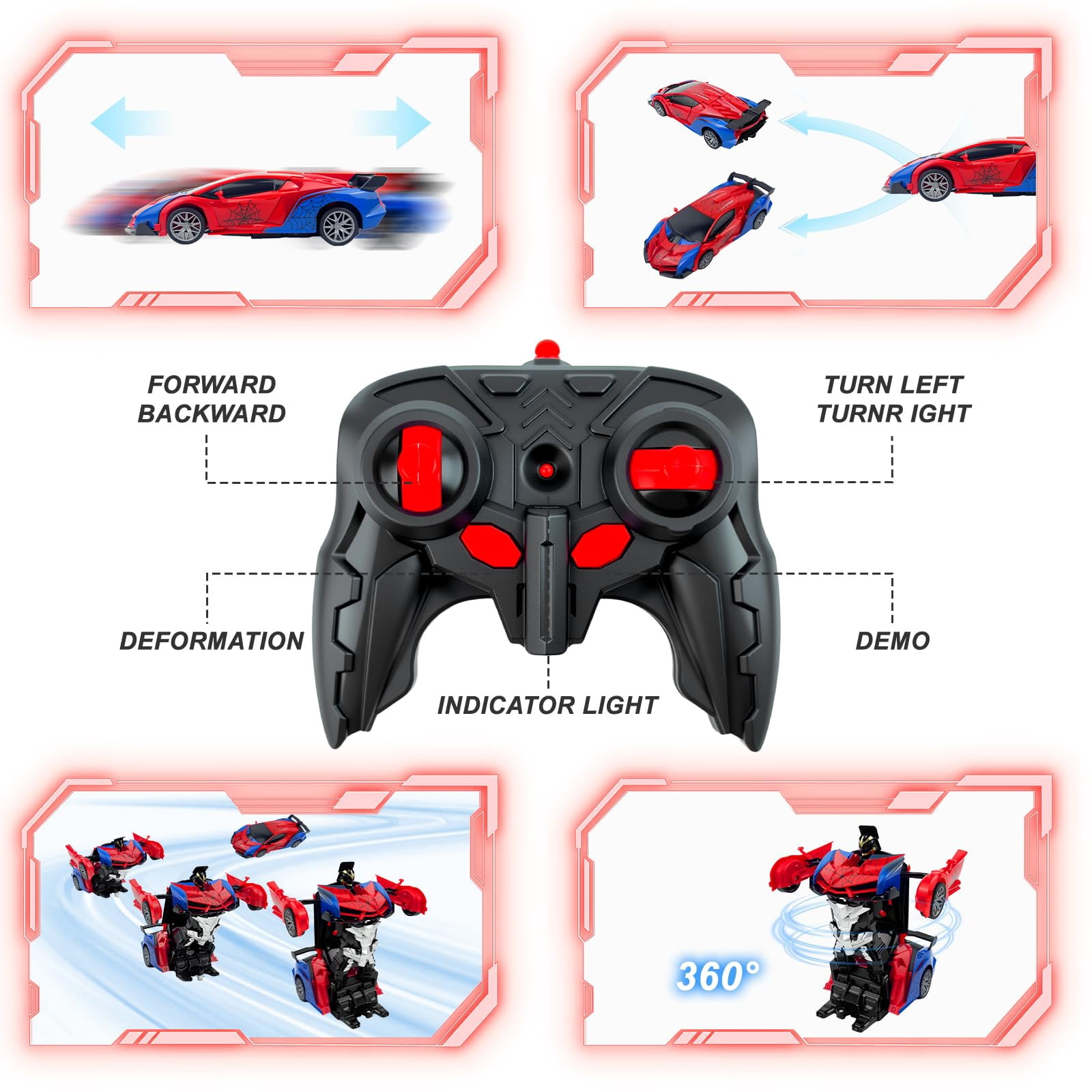 Spider Remote Controls Car, 1:18 Scale Transformer Robot Toy with 2.4GHz One-Button Deformation and 360° Rotation, RC Vehicle Gift for Boys Ages 3-12