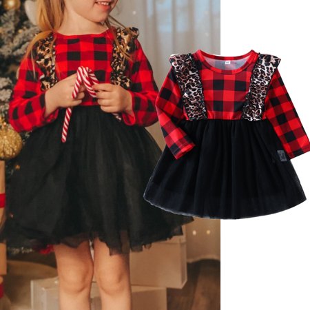 

GuliriFei Toddler Kids Girls Plaid Leopard Print Dress Round Neck Long Sleeve Ruffle Mesh Patchwork Dress