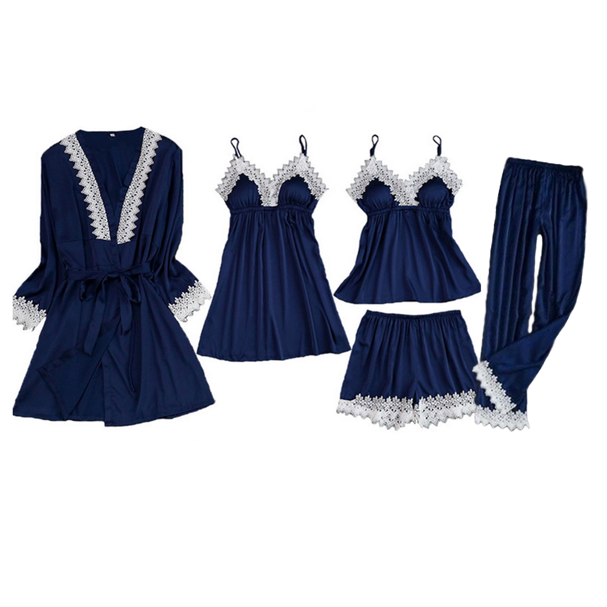 5pcs Womens Robe, Nightgown and Pajama Set, Satin w Lace - Walmart.com