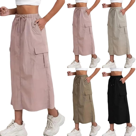 Women's Fashion Solid Color Drawstring Elastic High Waisted A-Line Skirt with Pockets and Back Slit - Black L