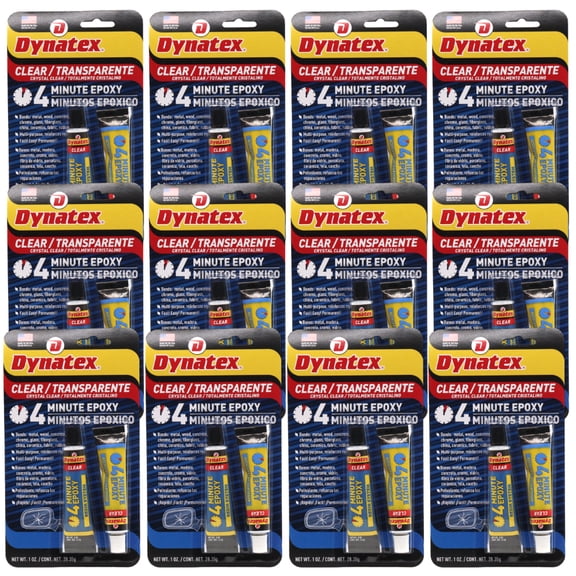 Dynatex 4 Minute Clear Epoxy Adhesive 2 oz - 60 Min Working Time, Bonds & Repairs Metal Wood Concrete Glass, Clear Machinable (12-Pack)