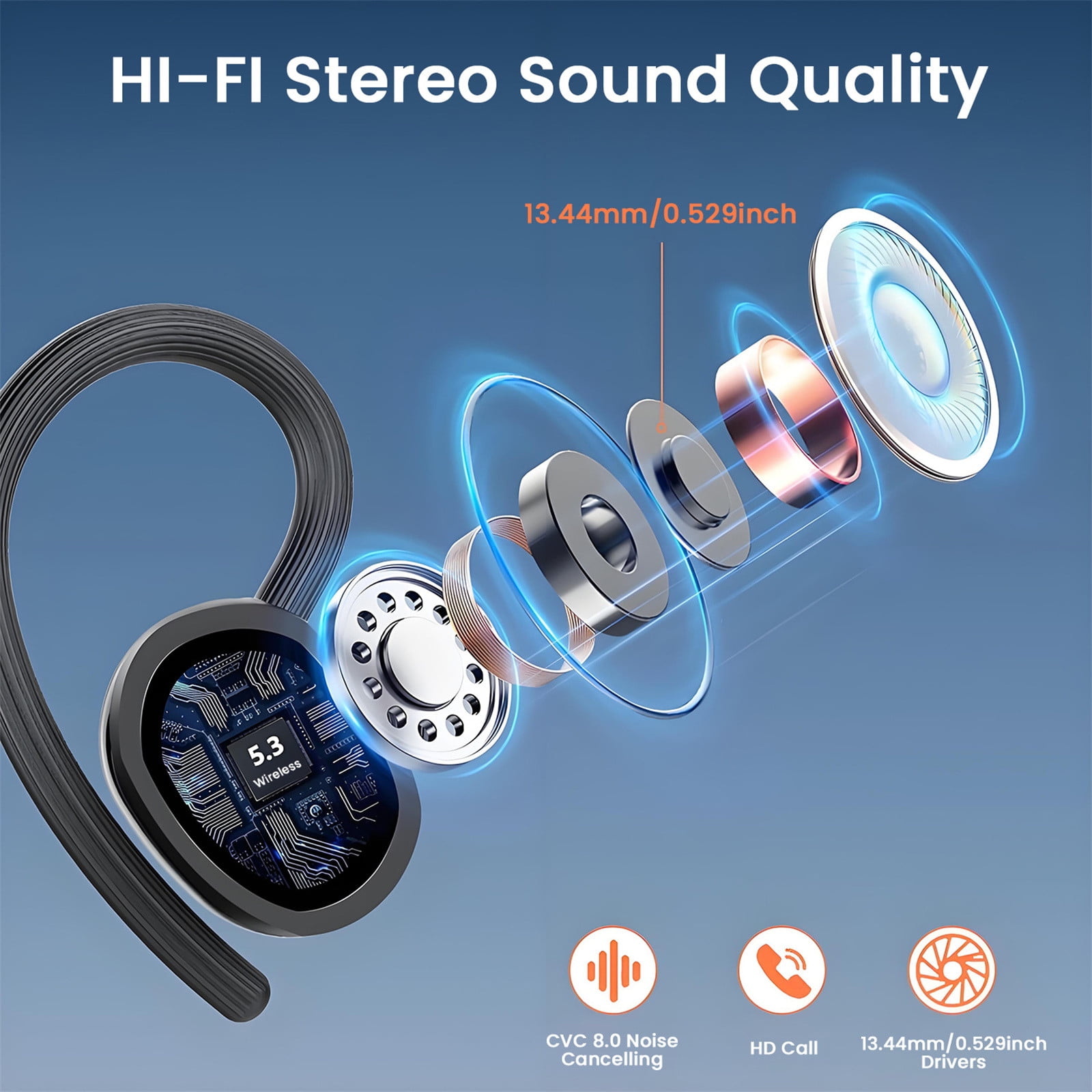 Ear Buds Wireless Bluetooth Earbuds Sport with LED Display 128H Playtime Powerful Bass Over Ear Earphones with Earhooks IP7 Waterproof for Gym/Running/Workout,E