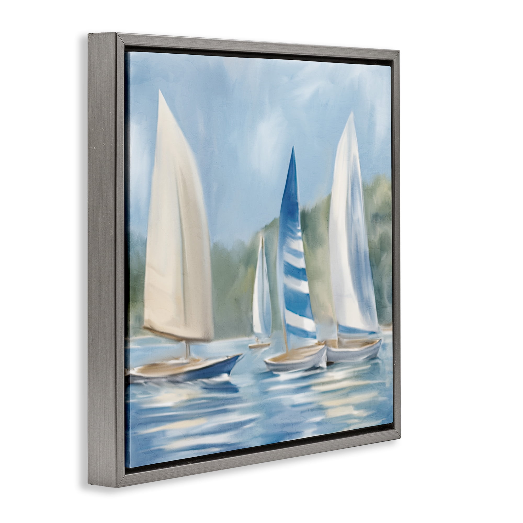 Stupell Industries Sailboat Day Painting Coastal Painting Gray Floater Framed Canvas Art Print Wall Art, 25 x 25