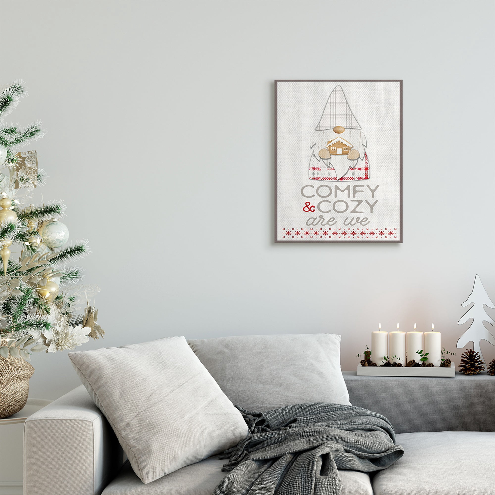 Stupell Industries Comfy and Cozy Phrase Red Plaid Christmas Gnome Fairy Tales & Fantasy Painting Gallery Wrapped Canvas Art Print Wall Art, 16 x 20