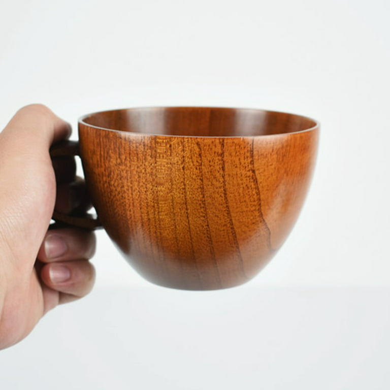 Hesroicy 350ml/500ml Wooden Cup Easy to Clean Japanese Style Bowl Type  Juice Unbreakable Tumbler Mugs with Handle for Home 