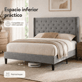 thumbnail image 4 of Zocalo Cama Matrimonial Tapizada con Cabecera Acolchada, Estructura de Metal con Listones de Madera, Soporte hasta 350 kg, Diseño Silencioso, 196 x 142 x 119.5 cm, Gris, 4 of 8