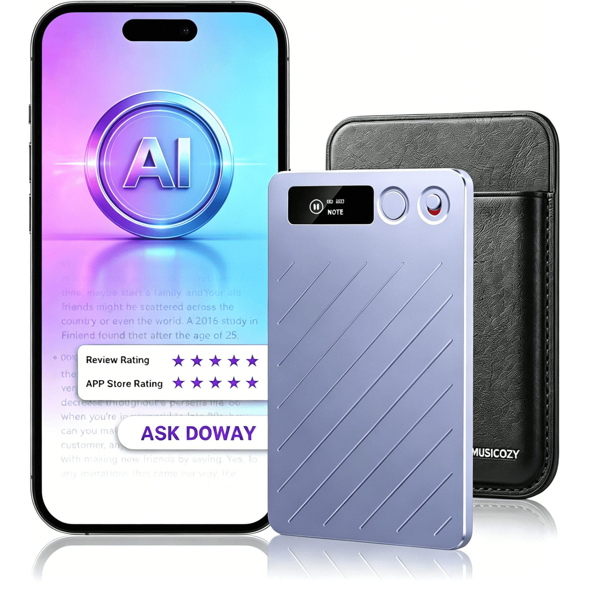 MUSICOZY AI Voice Recorder w/Case, AI Note Taker & App Control, Real-Time AI Transcription and Summary, Noise Cancellation, 152 Languages, 64GB Digital Audio Recorder for Meetings, Lectures & Calls