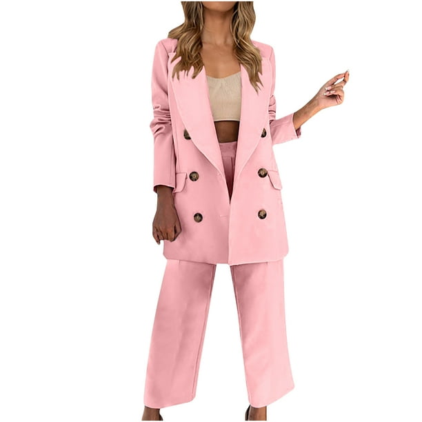 EINCcm Women's Plain Formal Suit Trousers 2 Piece Suit Set Business Trouser  Suit Slim Fit Double-Breasted Blazer with Suit Trousers Elegant for Office  Wedding Pink S 