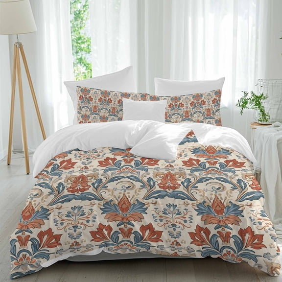 3 Piece Boho Floral Duvet Cover Set Queen Size,Microfiber Comforter/Quilt Cover with Corner Ties and 2 Pillowcases,Farmhouse Vintage Red Blue Flower Plant All Season Soft Bedding with Zipper Closure