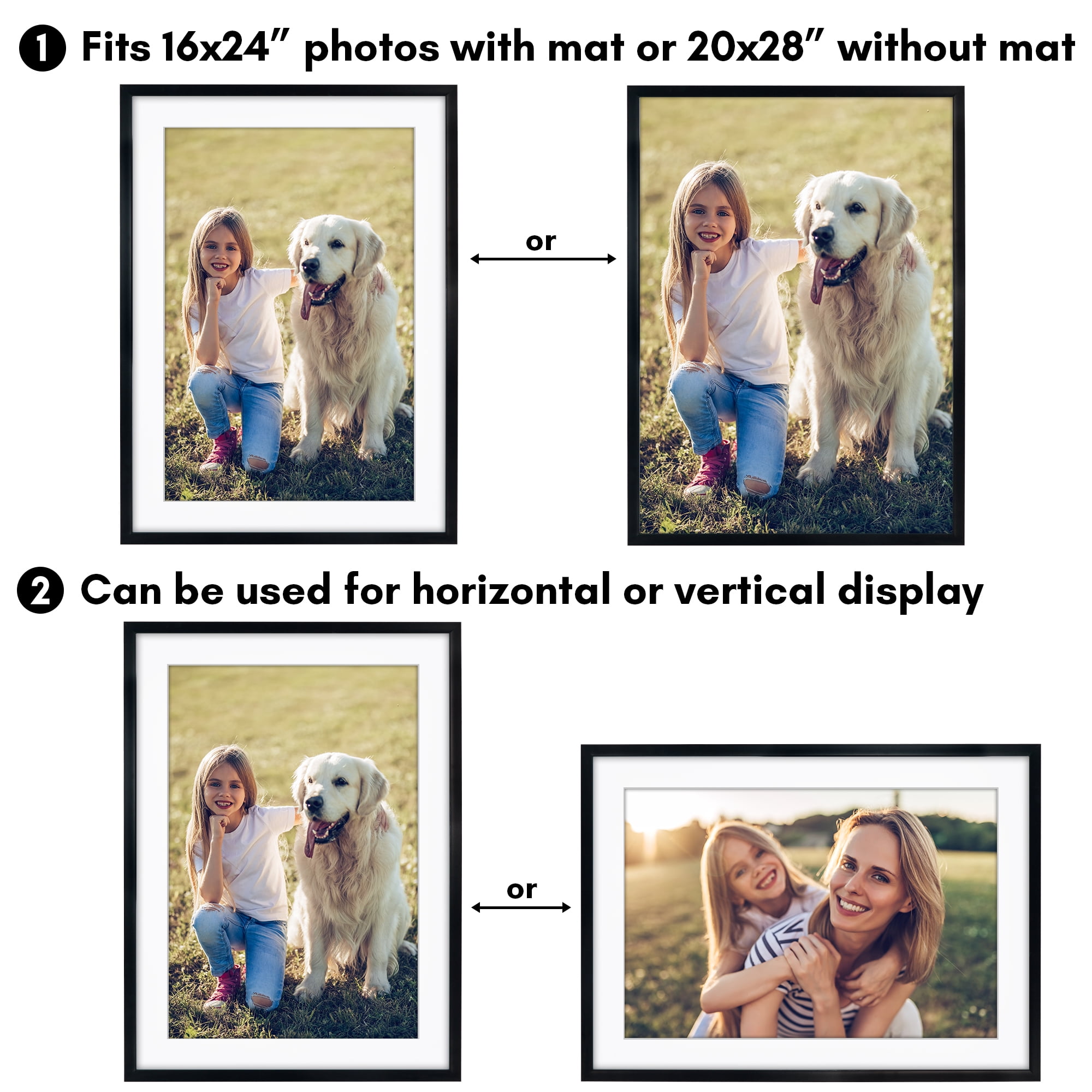 Americanflat 20x28 Picture Frame with Polished Plexiglass with 16x24 Mat Display Photo Soho Collection - Black