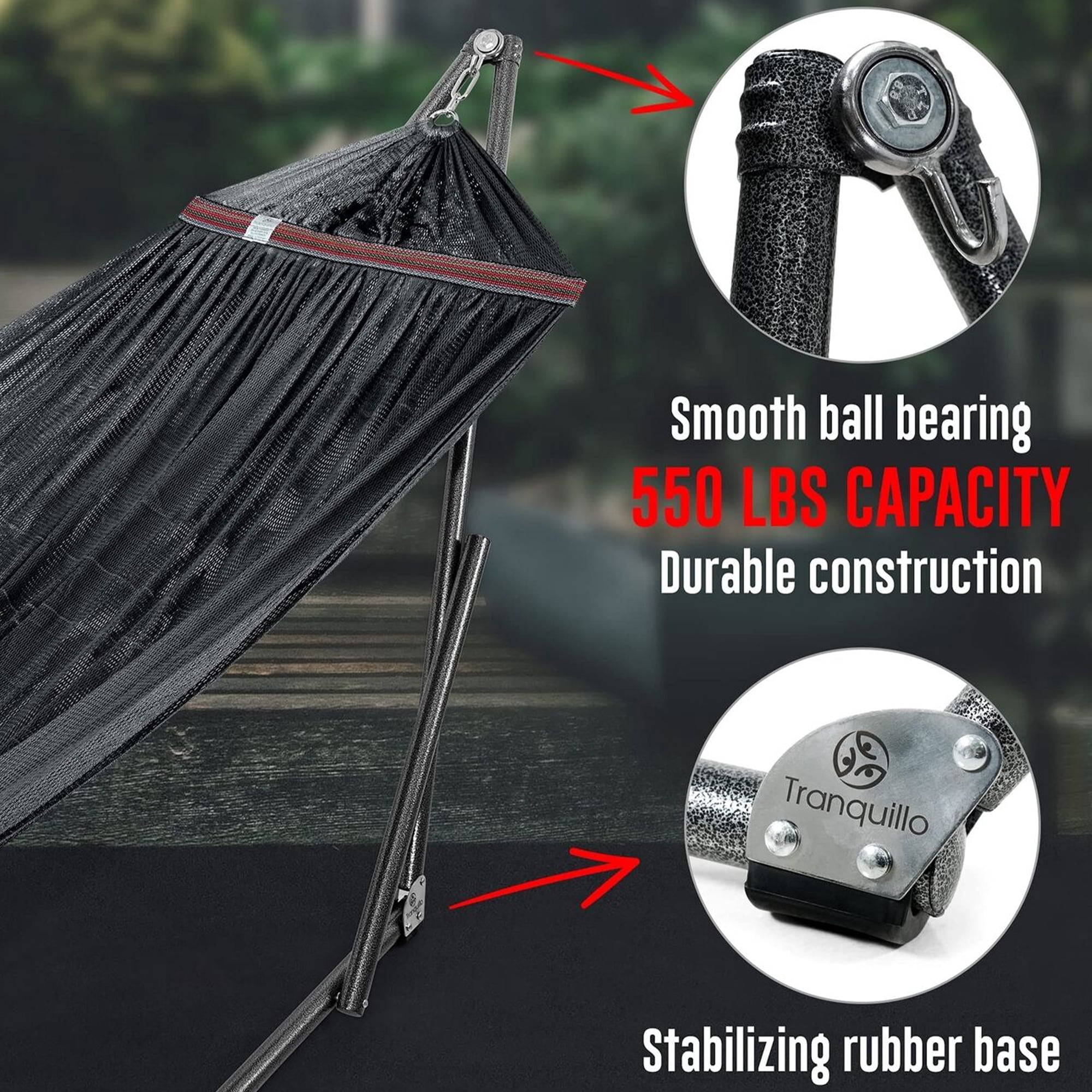 Tranquillo Universal 116" Double Hammock with Adjustable Stand & Bag, Black