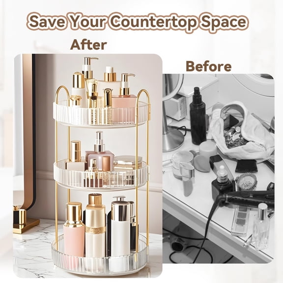 Wavraging Plastic 360 Rotating Makeup Organizer with 3 Compartments, Clear