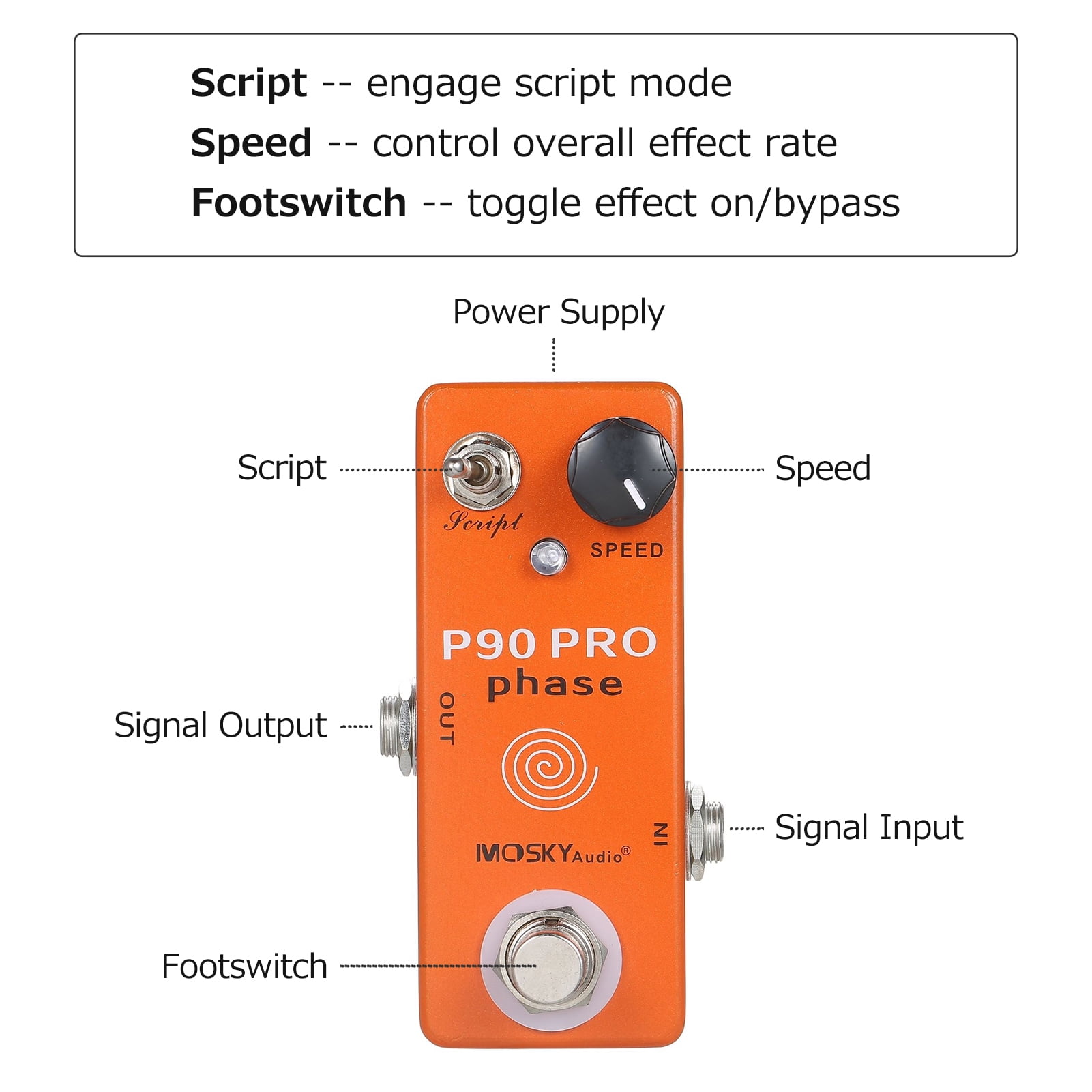 MOSKYaudio P90 PRO PHASE - Mini Vintage Phaser Guitar Effects Pedal