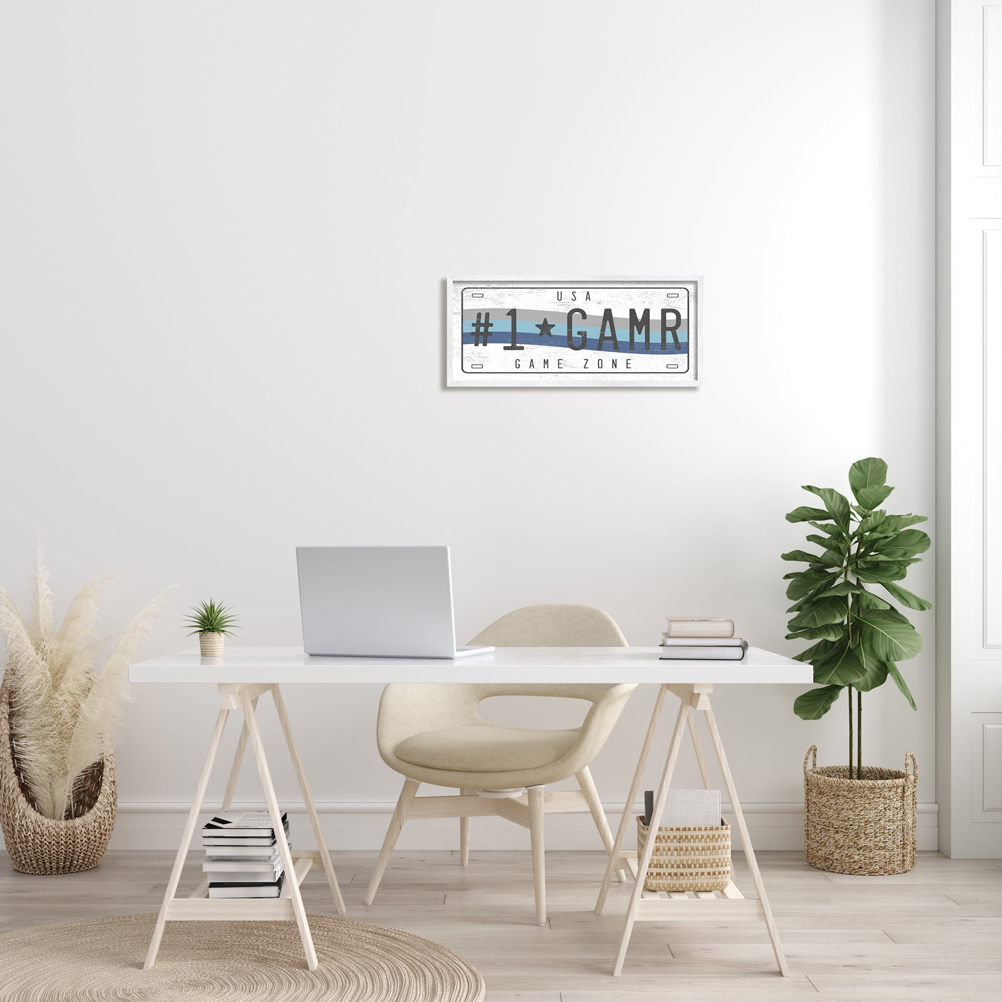 Stupell Industries #1 GAMR Blue Wave Rainbow License Plate Transportation Painting White Framed Art Print Wall Art, 10 x 24