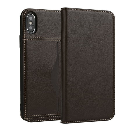 Premium Cowhide Leather Gauntlet - iPhone Xs/ iPhone X Case, Allytech Premium Cowhide Leather Case with Card Holder Stand Slim Full Body Shockproof Cover Shell for Apple 5.8-inch iPhone Xs/ iPhone X, Coffee