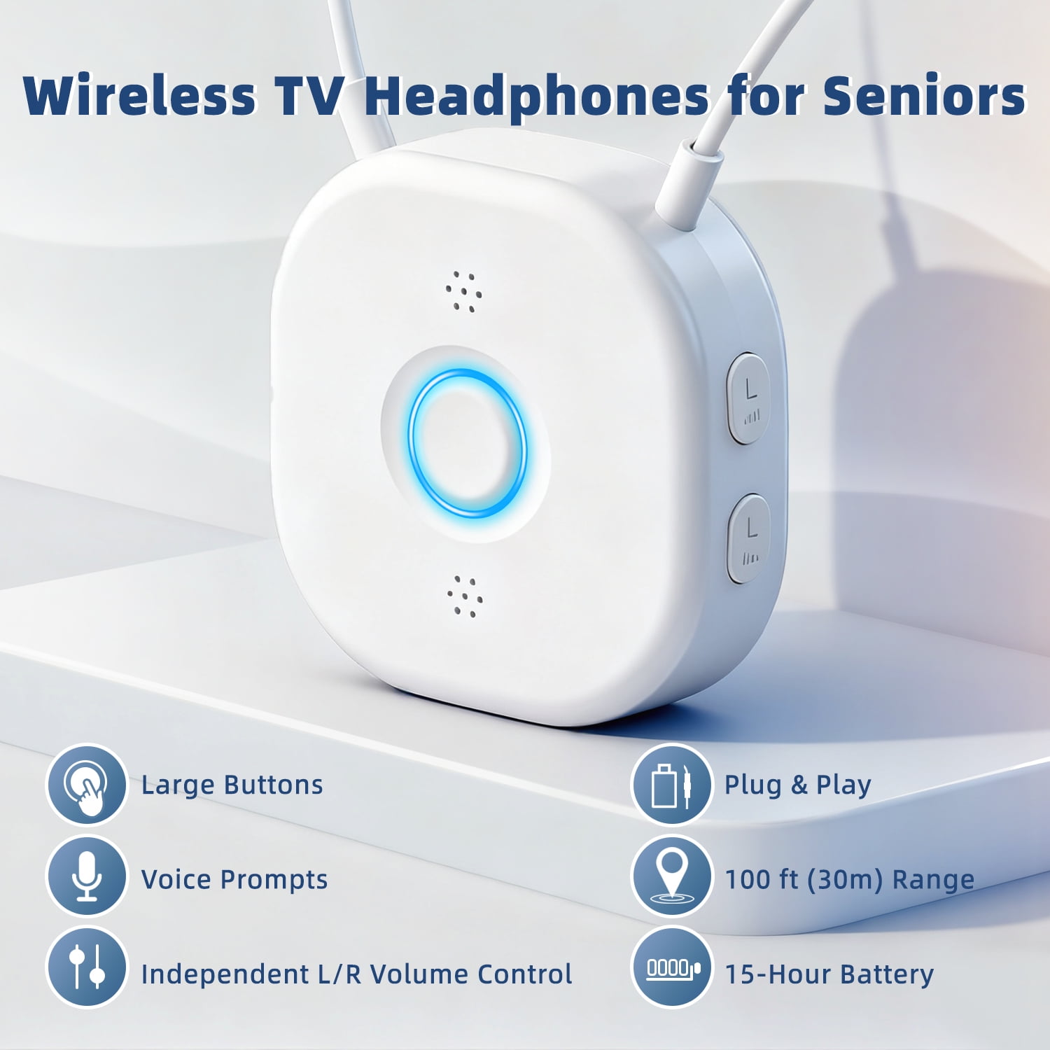 Wireless Earbuds for TV Watching, Neckband TV Headphones Wireless for Senior with USB Extension Cord Transmitter, Support Optical, 3.5 mm AUX, No Delay