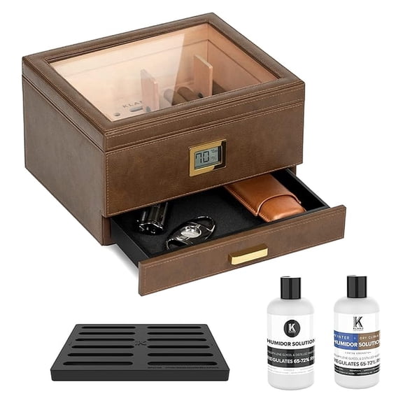 Glass Top Humidor Easy Humidification System, Thick Cedar, Accurate Digital Hygrometer, Leather Wrapped, Brown, Holds 30-60