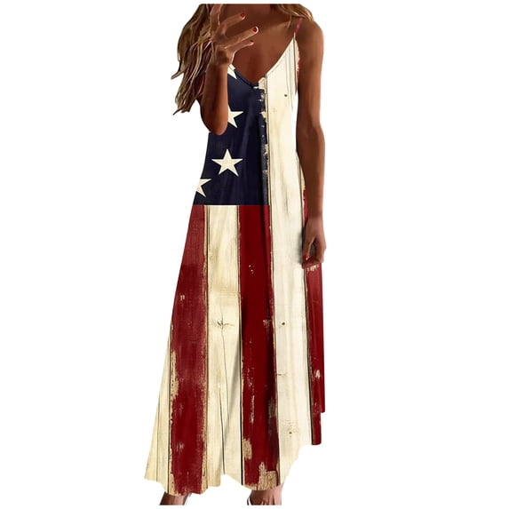Xdegoge American Flag Print Maxi Dress for Women Fourth of July Summer V Neck Spaghetti Strap Beach Sundress Flowy Sleeveless Long Dress Patriotic Party Outfit