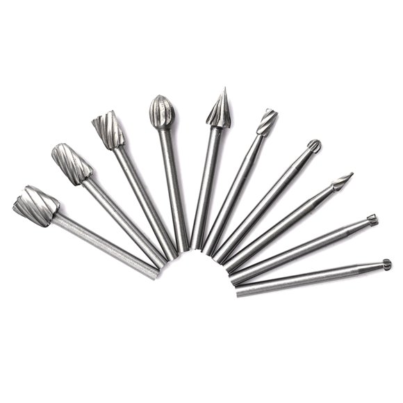 10pcs HSS Tungsten Carbide Rotary Cutting Burr Set Grinder Bit 1/8 inch (3mm) Shank Woodworking Carving Tools,10x Rotary burr,silver