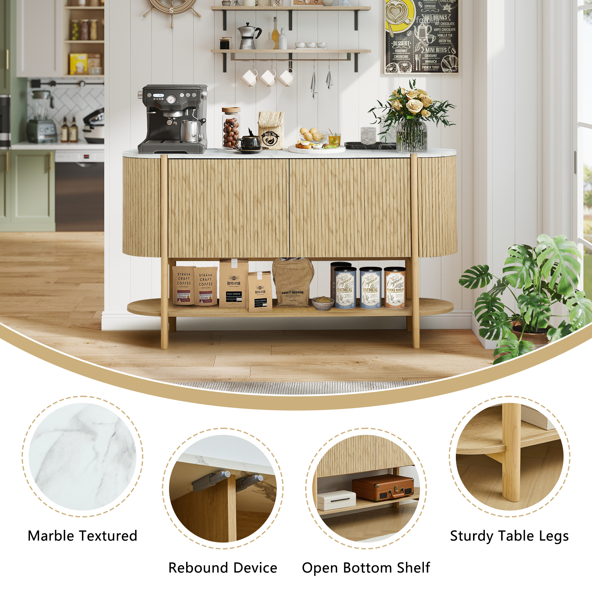PHOYAL 54" Fluted Oval Console Table Sofa Table with 2 Doors and Marble Textured Tabletop, Modern Entryway Table Accent Table with Open Storage Shelves for Living Room Hallway Bedroom, Oak