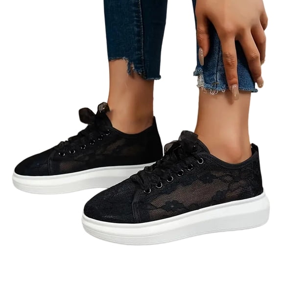 Women's Mesh Sequin Platform Sneakers, Woman Lace Sneakers Fashion Mesh Low Cut Canvas Shoes Lace Crochet Lace Up Walking Running Tennis Shoes Breathable Flat Wedding Shoes Bridal Sneakers, Black 5