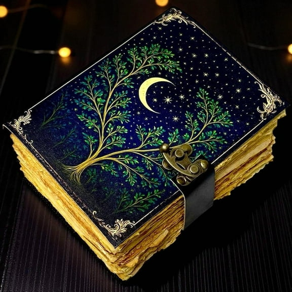 Handmade Leather Moon & Tree Journal, 5x7” Vintage Notebook with 200 Handmade Pages & Antique Clasp – Celestial Writing Diary