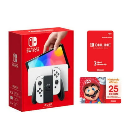 Nintendo Switch OLED with White Joy-Con (International Edition) Bundle with 3 Month Nintendo Switch Online Membership & 25 GC