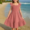 thumbnail image 2 of Robe d'Été pour Filles Robe d'Été Unie Smockée Sans Manches pour Enfants Filles Robe de Plage Décontractée Robes de Vacances pour Tout-Petits Rouge Brique 5 Ans-6 Ans, 2 of 7