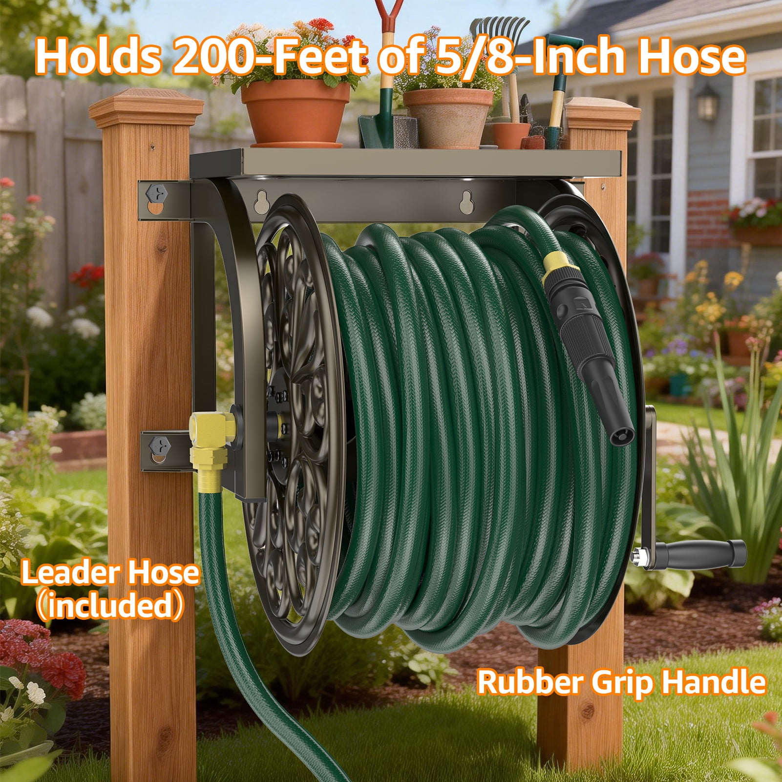 Outlandpro Metal Decorative Garden Hose Reel, Heavy Duty Hose Holder for Outside, Wall Mount, Holds 200 ft x 5/8" Hose Storage