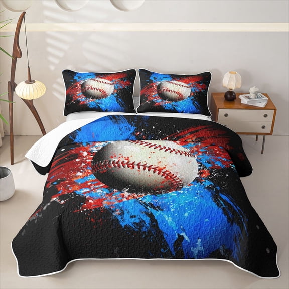 Erosebridal Splatter Baseball Twin Quilt Set, Red Blue Watercolor Twin Coverlet Set for Boys and Girls, 2pcs