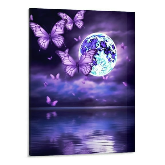 Shiartex Full Moon over Ocean Canvas Art Purple Butterfly Picture Prints Wall Decor for Bedroom Modern Artwork Framed for Home Kitchen 16x20Inch (Purple)