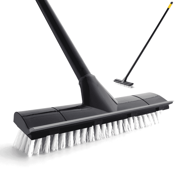 Yocada Floor Scrub Brush with 50" Adjustable Pole 2-in-1 Stiff Bristle Brush and Soft Scrape, Black