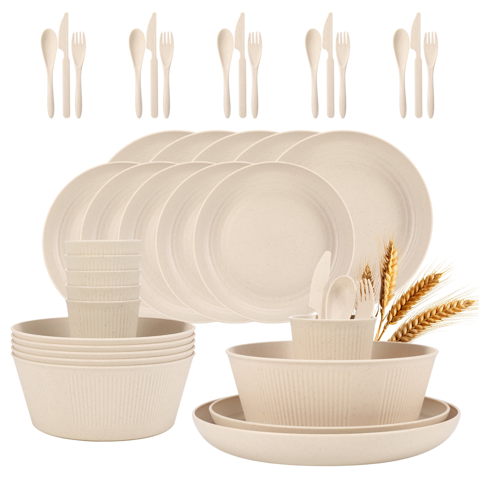Bocaoying 35 Pieces Wheat Straw Dinnerware Set, Plastic Dinner Set for 6, Kitchen Plates and Bowls Set for College Dorm, Outdoor Camping, Microwave Safe